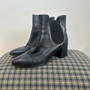 Avellini Black Leather Pointed Toe Elastic Side Chelsea Block Heel Ankle Boots 6